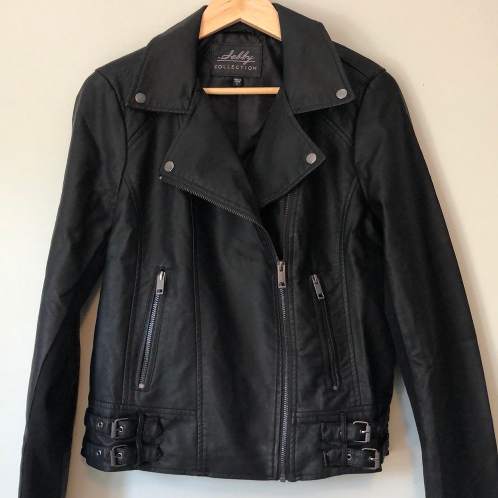 Baobab Collection Black Faux Leather Moto Jacket with Buckle Details